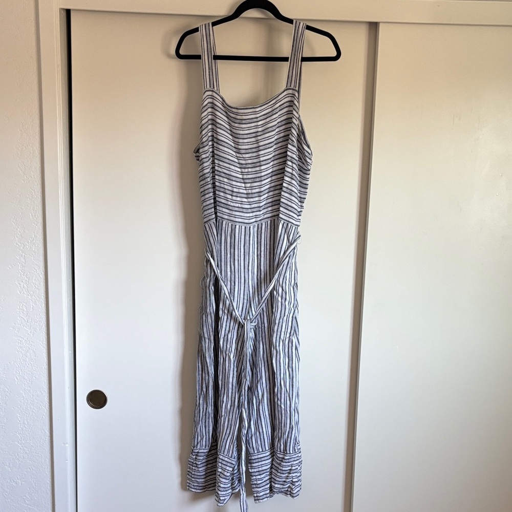 GAP Blue and White Striped Linen Romper with Waist Tie and Pockets